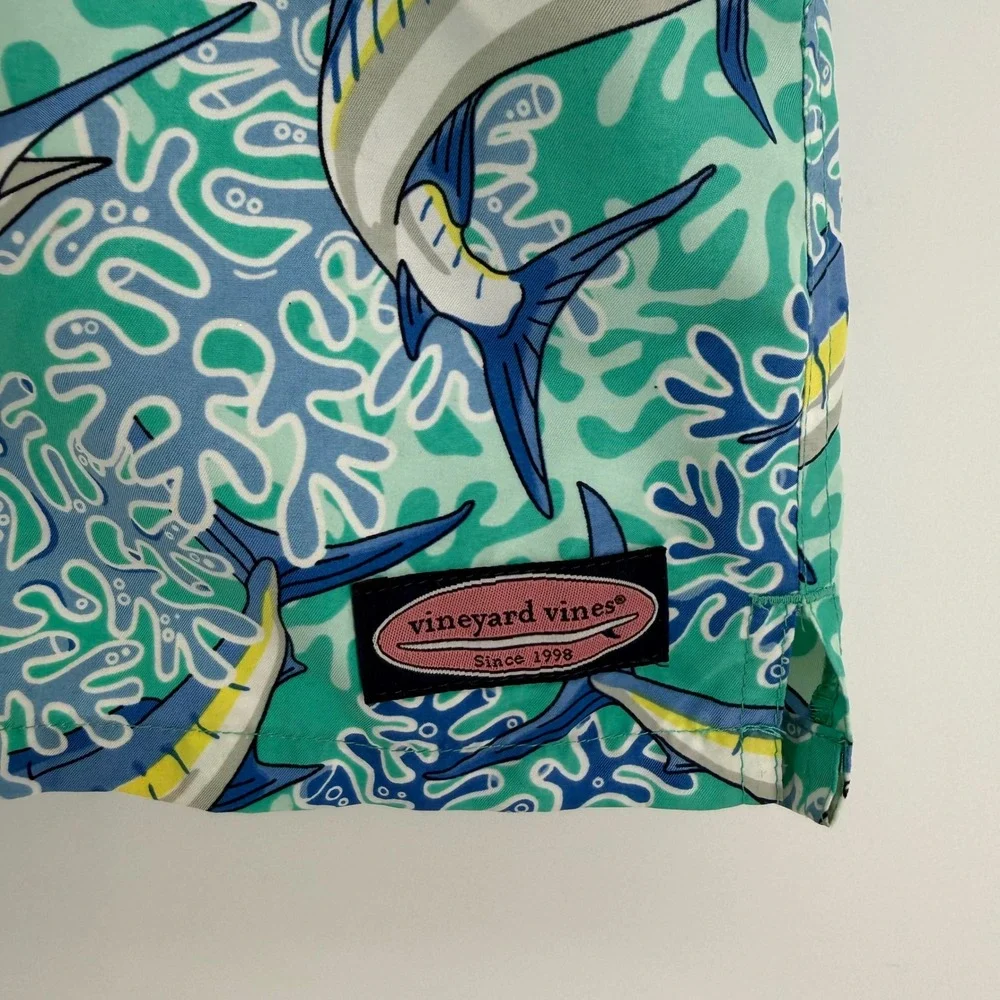 Vineyard Vines Mens XL Blue‎ Marlin Coral Print Swim Trunks Mesh Lined Shorts